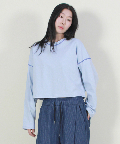 DEMARC（ドゥマーク）の「カラー スティッチ マキシ クロップTシャツ スカイブルー（Tシャツ/カットソー・レディース・その他・MEDIUM/LARGE）」の5枚目の写真