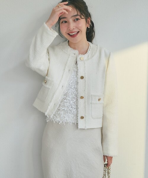 La boutique BonBon（ラブティックボンボン）の「【今すぐお届け！・オケージョン対応】ファンシーツイードクロップドジャケット（ノーカラージャケット・レディース・イエロー/オフホワイト・FREE）」の3枚目の写真