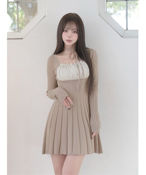 ネックリボンデザインフレアニットミニワンピース（ワンピース