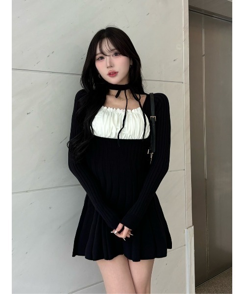 ネックリボンデザインフレアニットミニワンピース（ワンピース