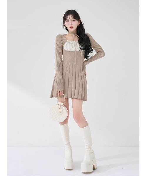 コンビニ支払い❌ DARICH ネックリボンデザインフレアニットミニワンピース ネックリボンデザインフレアニットミニワンピース（ワンピース