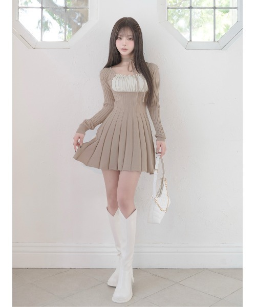 ネックリボンデザインフレアニットミニワンピース（ワンピース