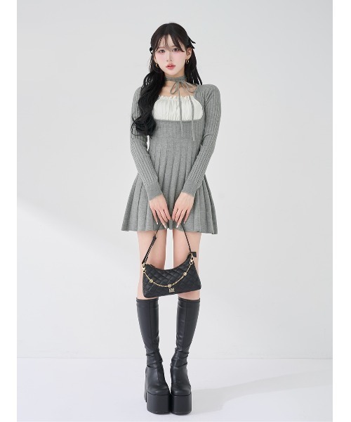 darich ダーリッチ ネックリボンデザインフレアニットミニワンピース ネックリボンデザインフレアニットミニワンピース（ワンピース