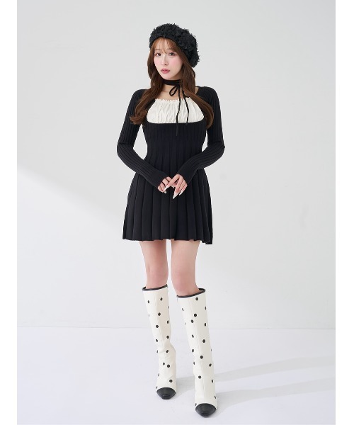 ネックリボンデザイン フレアニットミニワンピースDarich ネックリボンデザインフレアニットミニワンピース（ワンピース