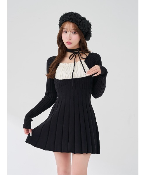 コンビニ支払い❌ DARICH ネックリボンデザインフレアニットミニワンピース ネックリボンデザインフレアニットミニワンピース（ワンピース