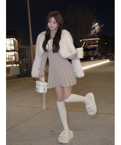 ネックリボンデザインフレアニットミニワンピース（ワンピース