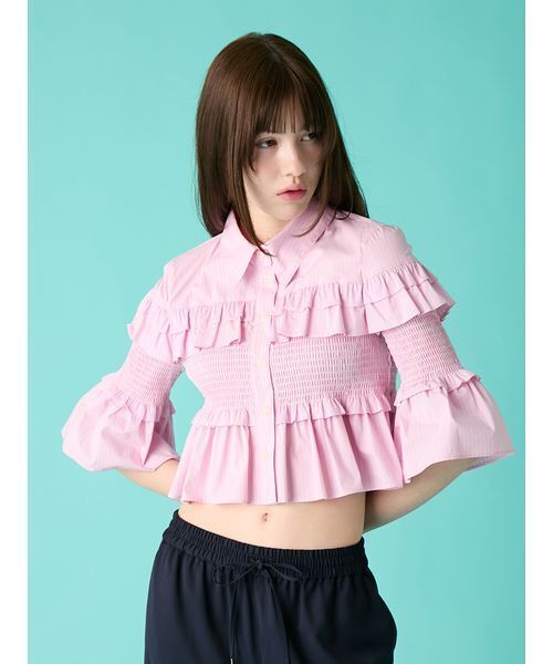 FURFUR(ファーファー)の「シャーリングフリルシャツ(シャツ/ブラウス・レディース・サックスブルー/ホワイト/ピンク・F)」の7枚目の写真