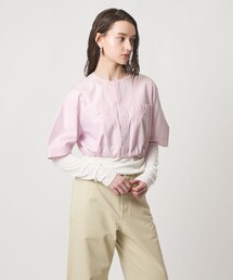 <ASTRAET>ストライプ 2ポケット クロップド ノーカラーブラウス