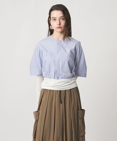 ASTRAET（アストラット）の「＜ASTRAET＞ストライプ 2ポケット クロップド ノーカラーブラウス（シャツ/ブラウス・レディース・ライラック/ライトピンク・FREE）」の3枚目の写真