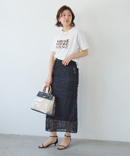 le.coeur blanc（ルクールブラン）の「シアー刺繍ナロースカート（スカート・レディース・アイボリー/ブラック・38）」の4枚目の写真