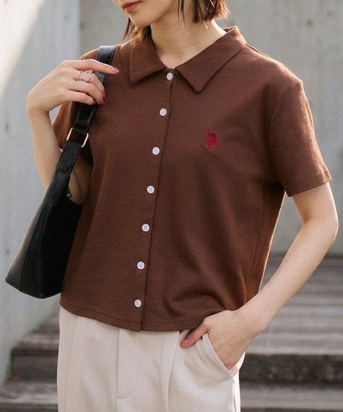 U.S. POLO ASSN.（ユーエスポロアッスン）の「【U.S. POLO ASSN./ユーエスポロアッスン】刺繍 スムース ステンカラー 半袖 Tシャツ（Tシャツ/カットソー・レディース・ベージュ/ブラック系その他/ブラウン/ブラック/オフホワイト・M/LL/L）」の5枚目の写真