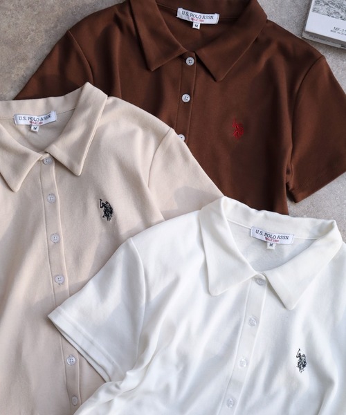 U.S. POLO ASSN.（ユーエスポロアッスン）の「【U.S. POLO ASSN./ユーエスポロアッスン】刺繍 スムース ステンカラー 半袖 Tシャツ（Tシャツ/カットソー・レディース・ベージュ/ブラック系その他/ブラウン/ブラック/オフホワイト・M/LL/L）」の7枚目の写真