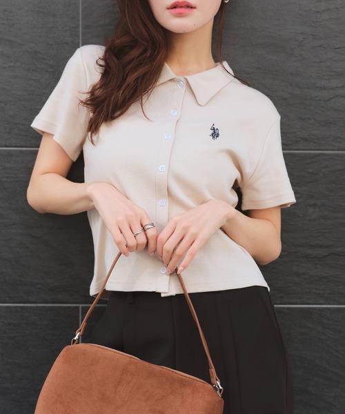 U.S. POLO ASSN.（ユーエスポロアッスン）の「【U.S. POLO ASSN./ユーエスポロアッスン】刺繍 スムース ステンカラー 半袖 Tシャツ（Tシャツ/カットソー・レディース・ベージュ/ブラック系その他/ブラウン/ブラック/オフホワイト・M/LL/L）」の15枚目の写真