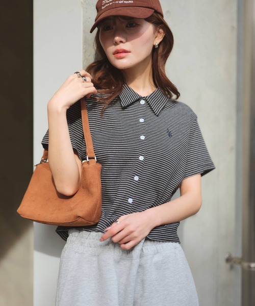 U.S. POLO ASSN.（ユーエスポロアッスン）の「【U.S. POLO ASSN./ユーエスポロアッスン】刺繍 スムース ステンカラー 半袖 Tシャツ（Tシャツ/カットソー・レディース・ベージュ/ブラック系その他/ブラウン/ブラック/オフホワイト・M/LL/L）」の9枚目の写真