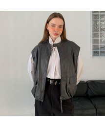 Faux Leather Shirring Zip-Up Vest (3colors)
