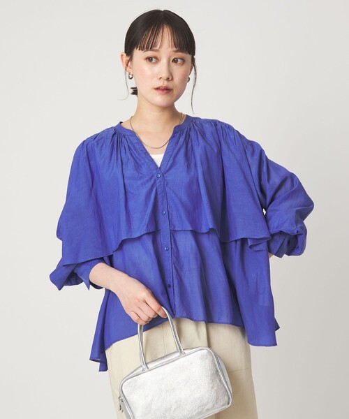 yori サイドギャザーブラウス　紺36 新品未使用 yori ヨリ ドットサイドギャザーブラウス ネイビー 36