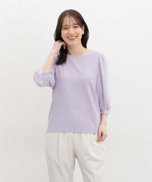 Honeys(ハニーズ)の「6分袖ハートネックトップス(Tシャツ/カットソー・レディース・イエロー/ブルーグレー/アイボリー/ラベンダー/ネイビー・S/M/LL/L/3L)」の15枚目の写真