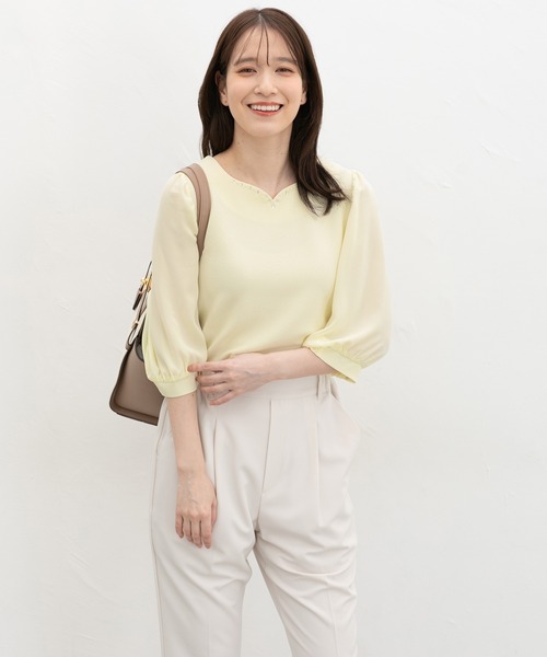Honeys(ハニーズ)の「6分袖ハートネックトップス(Tシャツ/カットソー・レディース・イエロー/ブルーグレー/アイボリー/ラベンダー/ネイビー・S/M/LL/L/3L)」の17枚目の写真