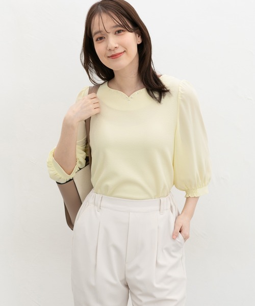 Honeys(ハニーズ)の「6分袖ハートネックトップス(Tシャツ/カットソー・レディース・イエロー/ブルーグレー/アイボリー/ラベンダー/ネイビー・S/M/LL/L/3L)」の18枚目の写真