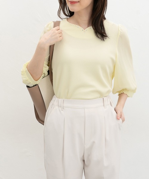 Honeys(ハニーズ)の「6分袖ハートネックトップス(Tシャツ/カットソー・レディース・イエロー/ブルーグレー/アイボリー/ラベンダー/ネイビー・S/M/LL/L/3L)」の19枚目の写真