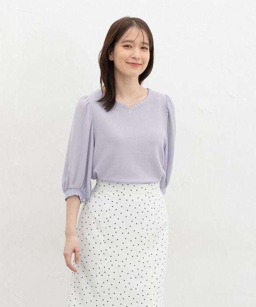 Honeys(ハニーズ)の「6分袖ハートネックトップス(Tシャツ/カットソー・レディース・イエロー/ブルーグレー/アイボリー/ラベンダー/ネイビー・S/M/LL/L/3L)」の21枚目の写真
