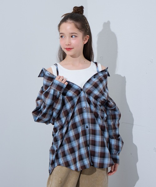 BISKEE（ビスキー）の「マルチWAYチェックシャツ（シャツ/ブラウス・キッズ・サックスブルー/オフホワイト・140cm/160cm/150cm）」の2枚目の写真