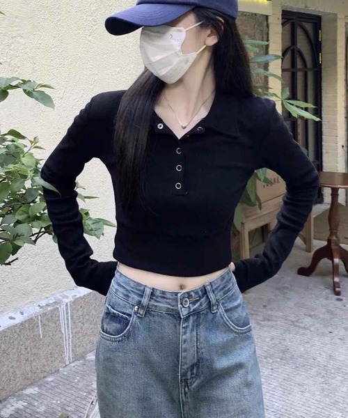 ROGER AND RAW（ロジャーアンドロウ）の「襟付きヘンリーネッククロップドトップス（Tシャツ/カットソー・レディース・ブラック/ホワイト・FREE）」の9枚目の写真