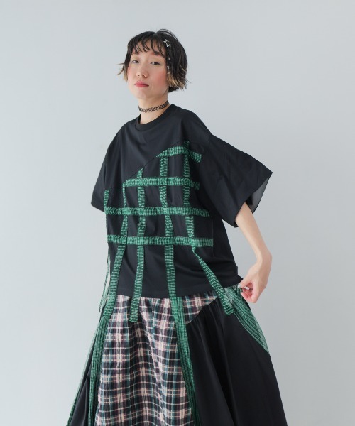 unica(ユニカ)の「チェックテープTシャツ laides(Tシャツ/カットソー・レディース・ブラック×ホワイト/ホワイト系その他/ブラック×グリーン・F)」の1枚目の写真