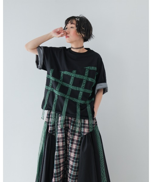 unica(ユニカ)の「チェックテープTシャツ laides(Tシャツ/カットソー・レディース・ブラック×ホワイト/ホワイト系その他/ブラック×グリーン・F)」の13枚目の写真