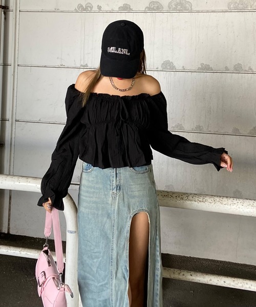 non-hedge(ノンヘッジ)の「フロントリボンオフショルダーブラウス(シャツ/ブラウス・レディース・オフホワイト/ブラック/ピンク/ベージュ・FREE)」の6枚目の写真