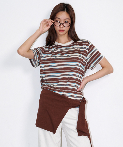 OPENING SUNSHINE(オープニングサンシャイン)の「マルチストライプ半袖Tシャツブラウン(Tシャツ/カットソー・レディース・ライトブラウン・FREE)」の3枚目の写真