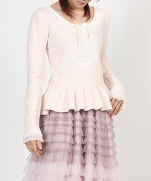 HOOK for girls レースハートプリントリボン付きペプラムニットプルオーバー