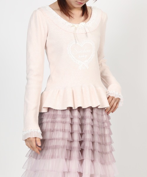 HOOK(フック)の「HOOK for girls レースハートプリントリボン付きペプラムニットプルオーバー(ニット/セーター・レディース・ピンク・FREE)」の1枚目の写真