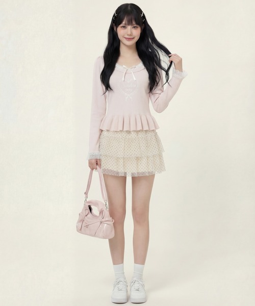 HOOK(フック)の「HOOK for girls レースハートプリントリボン付きペプラムニットプルオーバー(ニット/セーター・レディース・ピンク・FREE)」の9枚目の写真