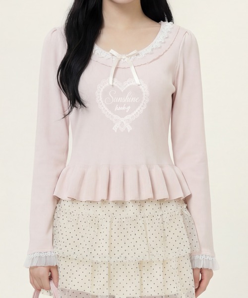 HOOK(フック)の「HOOK for girls レースハートプリントリボン付きペプラムニットプルオーバー(ニット/セーター・レディース・ピンク・FREE)」の14枚目の写真