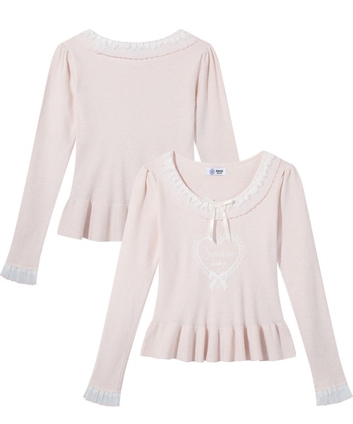HOOK(フック)の「HOOK for girls レースハートプリントリボン付きペプラムニットプルオーバー(ニット/セーター・レディース・ピンク・FREE)」の2枚目の写真