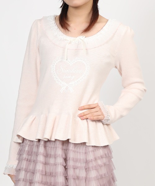 HOOK(フック)の「HOOK for girls レースハートプリントリボン付きペプラムニットプルオーバー(ニット/セーター・レディース・ピンク・FREE)」の6枚目の写真