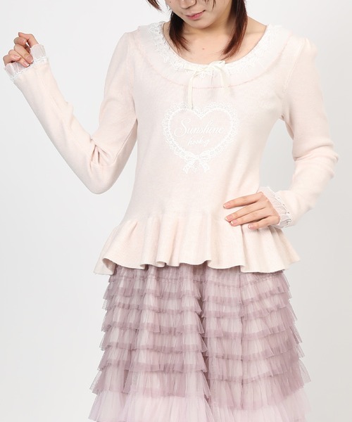 HOOK(フック)の「HOOK for girls レースハートプリントリボン付きペプラムニットプルオーバー(ニット/セーター・レディース・ピンク・FREE)」の4枚目の写真