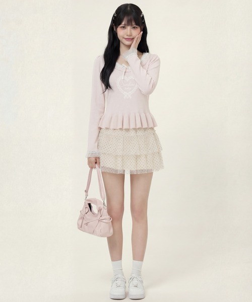HOOK(フック)の「HOOK for girls レースハートプリントリボン付きペプラムニットプルオーバー(ニット/セーター・レディース・ピンク・FREE)」の12枚目の写真