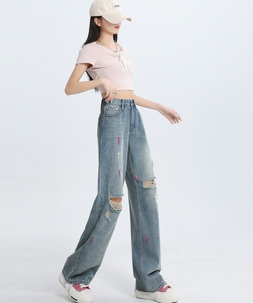 DAY CLOSET(デイ クローゼット)の「【ウォッシュ加工/大きいサイズ有】 ヴィンテージ風 ペイントデザイン ダメージ ワイド デニムパンツ レディース(デニムパンツ・レディース・ライトブルー・XL/L/M/S)」の10枚目の写真