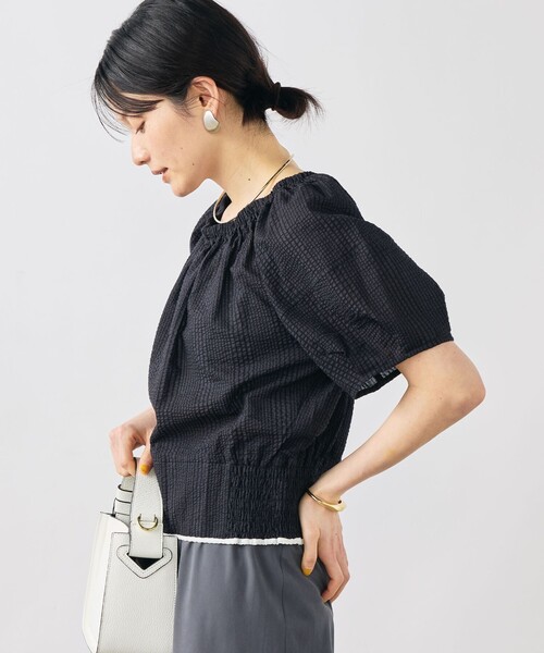 NOLLEY’S(ノーリーズ)の「ウォッシャブル袖ボリュームサッカーブラウス(シャツ/ブラウス・レディース・ホワイト/ブラック/サックスブルー・38)」の1枚目の写真
