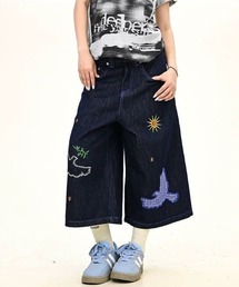 バード刺繍デザインデニムハーフパンツ