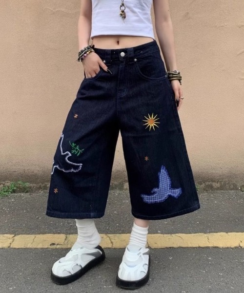 FreeZone(フリーゾーン)の「バード刺繍デザインデニムハーフパンツ(デニムパンツ・メンズ・ブルー・S/M/L)」の15枚目の写真
