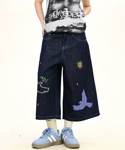 FreeZone(フリーゾーン)の「バード刺繍デザインデニムハーフパンツ(デニムパンツ・メンズ・ブルー・S/M/L)」の6枚目の写真