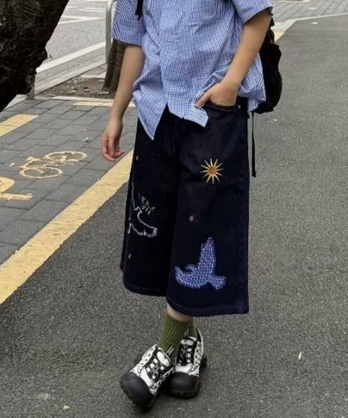 FreeZone(フリーゾーン)の「バード刺繍デザインデニムハーフパンツ(デニムパンツ・メンズ・ブルー・S/M/L)」の11枚目の写真