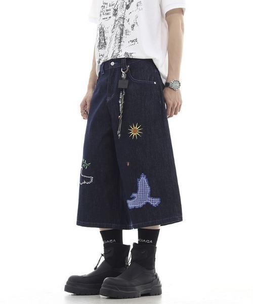 FreeZone(フリーゾーン)の「バード刺繍デザインデニムハーフパンツ(デニムパンツ・メンズ・ブルー・S/M/L)」の2枚目の写真