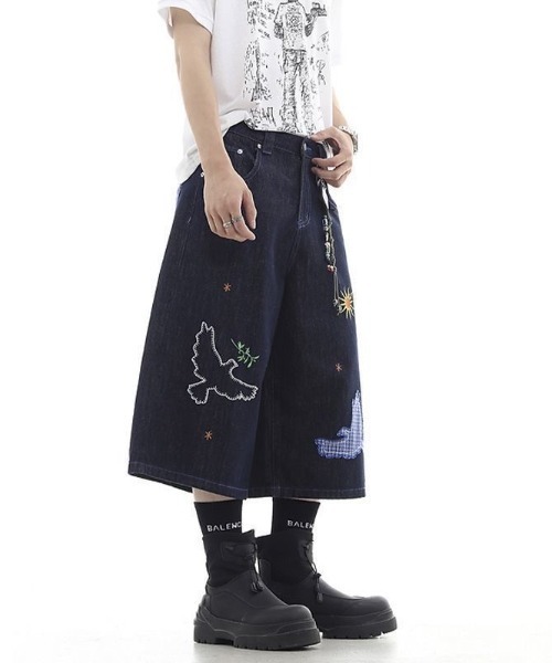 FreeZone(フリーゾーン)の「バード刺繍デザインデニムハーフパンツ(デニムパンツ・メンズ・ブルー・S/M/L)」の3枚目の写真