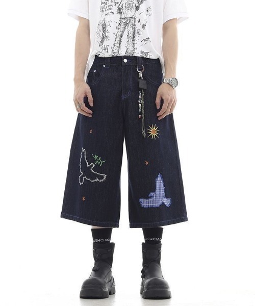 FreeZone(フリーゾーン)の「バード刺繍デザインデニムハーフパンツ(デニムパンツ・メンズ・ブルー・S/M/L)」の4枚目の写真