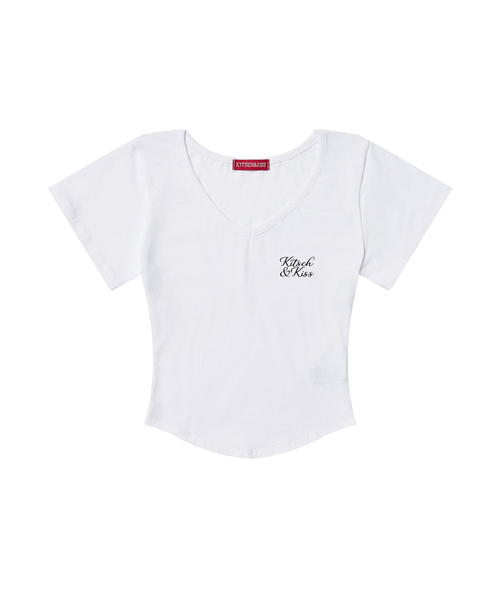 KITSCH&KISS(キッチアンドキス)の「SCRIPT LOGO クロップVネックTシャツ (SCVKNK-104)(Tシャツ/カットソー・レディース・ホワイト/ブラック/チャコールグレー・FREE)」の2枚目の写真