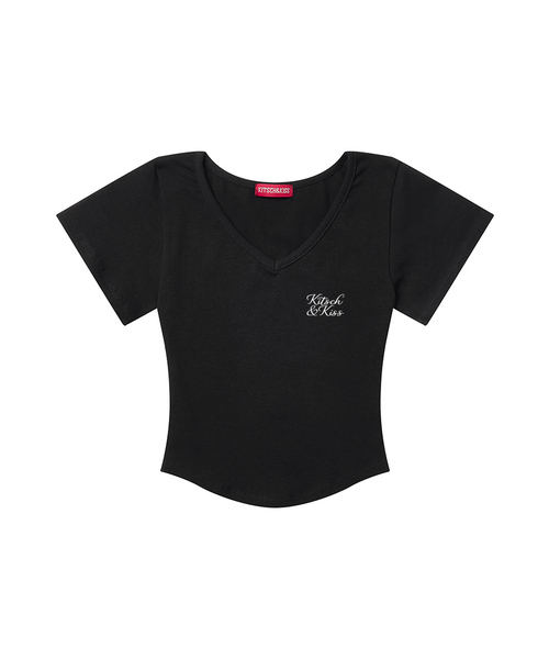 KITSCH&KISS(キッチアンドキス)の「SCRIPT LOGO クロップVネックTシャツ (SCVKNK-104)(Tシャツ/カットソー・レディース・ホワイト/ブラック/チャコールグレー・FREE)」の1枚目の写真